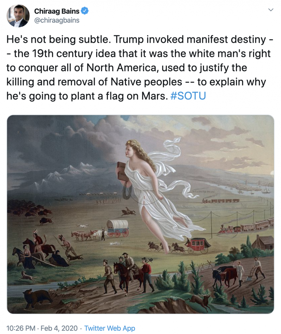 He's not being subtle. Trump invoked manifest destiny -- the 19th century idea that it was the white man's right to conquer all of North America, used to justify the killing and removal of Native peoples -- to explain why he's going to plant a flag on Mars. #SOTU