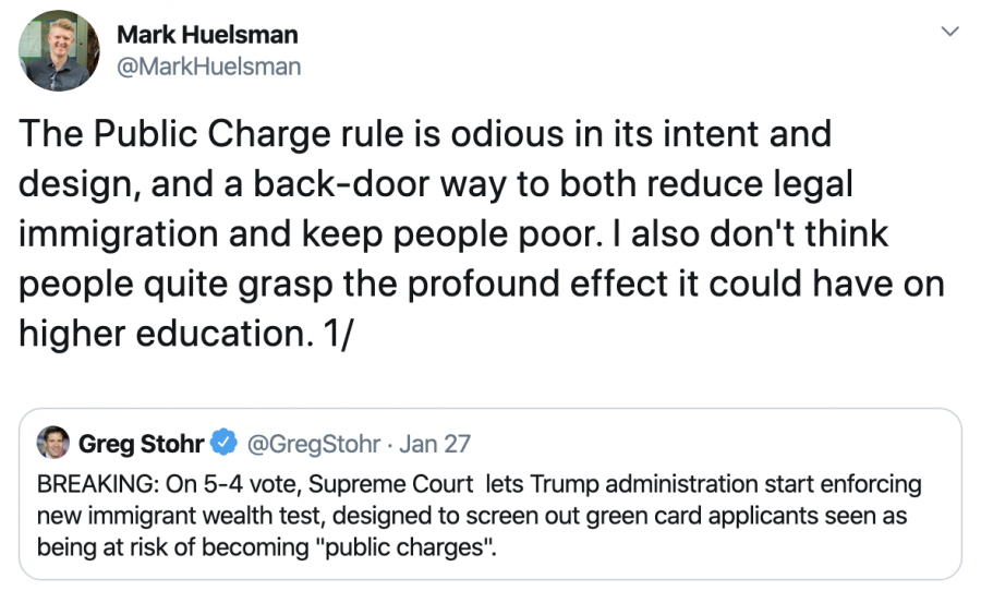 @MarkHuelsman — The Public Charge rule is odious in its intent and design, and a back-door way to both reduce legal immigration and keep people poor. I also don't think people quite grasp the profound effect it could have on higher education. 1/
