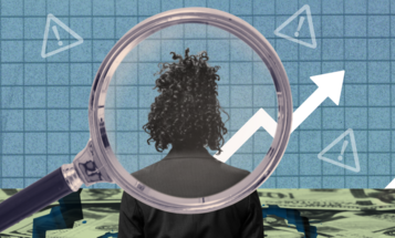 An illustration of a Black woman viewed from behind through a magnifying glass, with a background of financial graphs and currency notes.