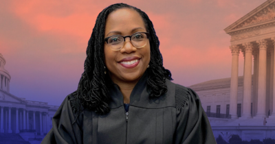 Judge Ketanji Brown Jackson with the White House and US Supreme Court in the background