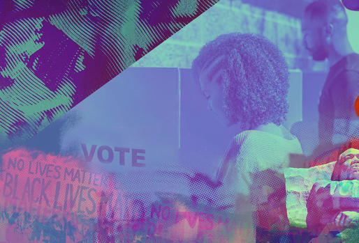 Two Black voters at a voting booth superimposed on a ballot being cast